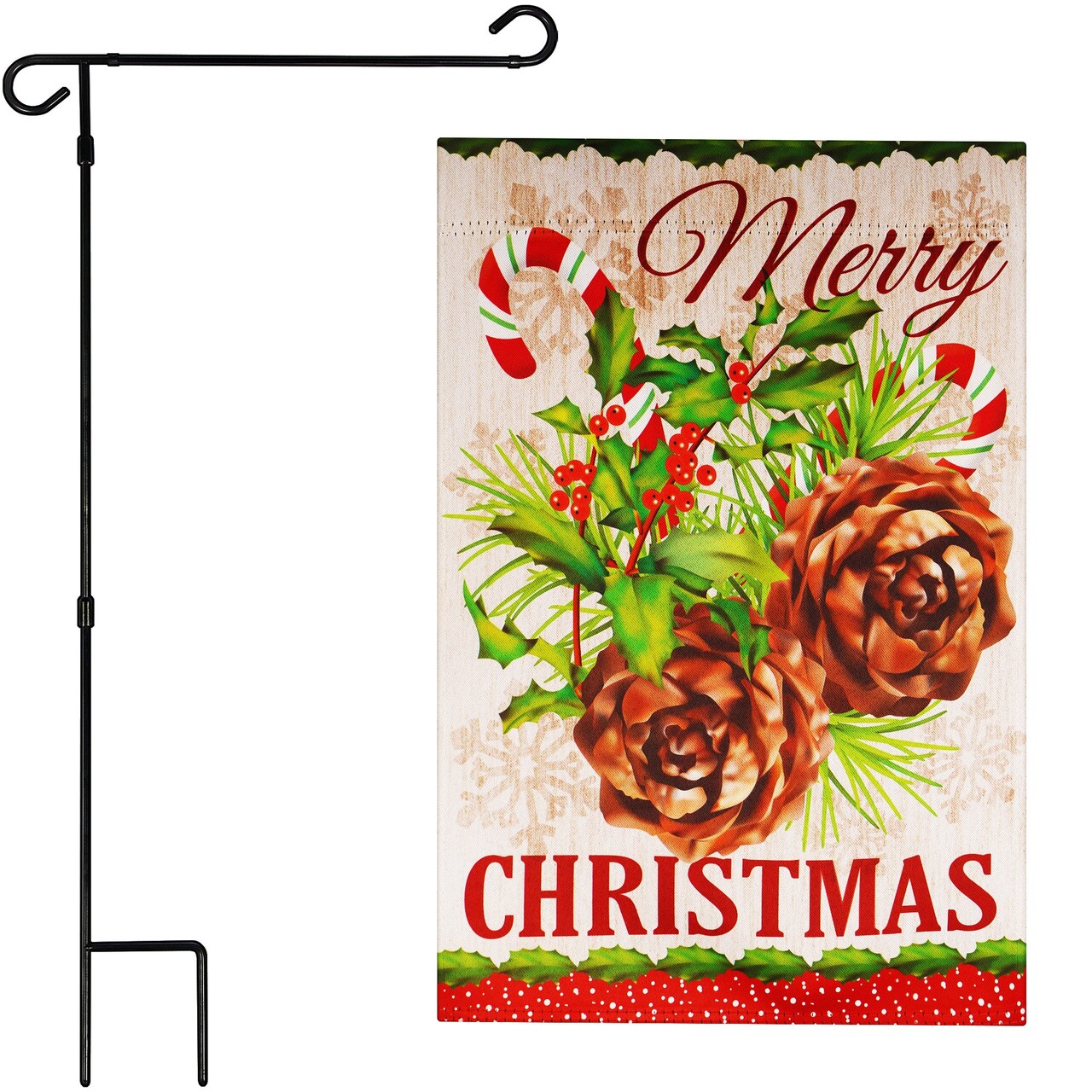 G128 Combo Pack: Garden Flag Stand Black 36 in x 16 in & Garden Flag Winter Decoration Pinecone Bouquet 12"x18" Double-Sided Blockout Fabric